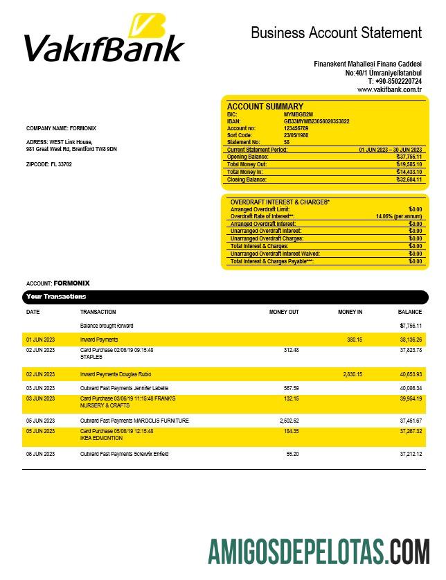 Em branco Extrato de conta da empresa Vakifbank modelo Word e PDF